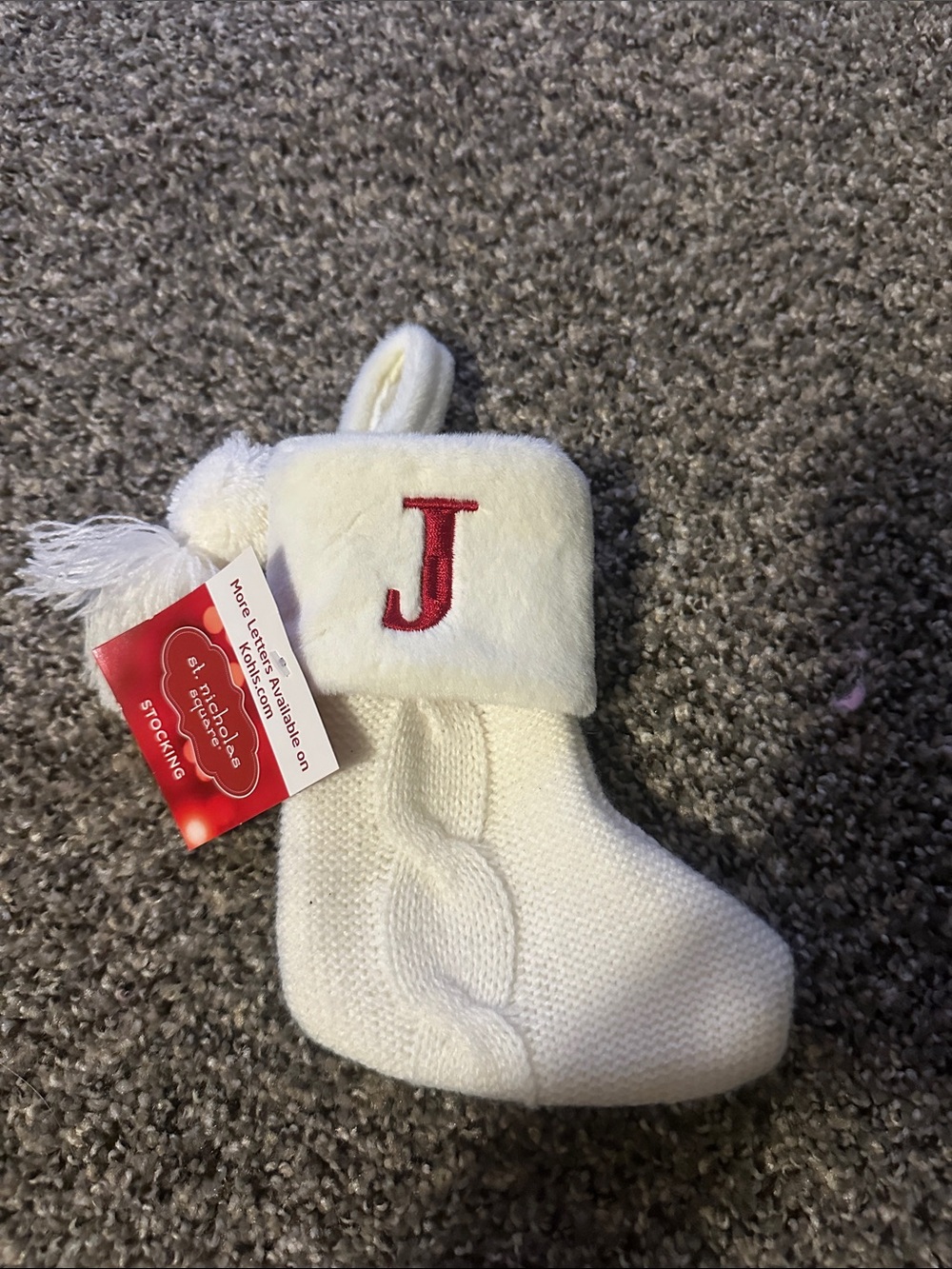 St. Nicholas Square Cream Knit Holiday Stocking with Red Monogram J